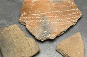 Pottery shards with decorations Botswana ; Comb stamping on left and pattern of bead impression on right Zhizo period (AD 900-1000)<br>Mmamagwa Site from stone and iron age  Mashatu Nothern Tuli (GR)