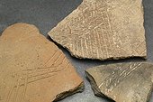 Pottery shards with decorations Botswana ; incesions  on left and pattern omade using a finger nail on right Zhizo period (AD 900-1000)<br>Mmamagwa Site from stone and iron age  Mashatu Nothern Tuli (GR)