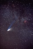 La comète Hale-Bopp et la nébuleuse North America du Cygne ; Observation : 09.03.1997<br>Hale-Bopp ( C/1995 O1 ) est considérée comme l'une des grandes Comètes du XXème siècle. Durant le mois de mars, elle a déployé deux magnifiques queues bien visibles à l'oeil nu. Le 9 mars, elle se situe non loin de la nébuleuse North America, dans la constellation du Cygne. On remarque la queue de gaz ionisée ( bleutée ) de celle de poussières ( blanchâtre ), respectivement 20° et 7° de long. Pose de 10 min. 