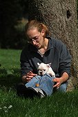 French bulldog on the knees of its mistress France