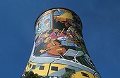 Cooling tower with painted murals depicting Johannesburg