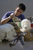 Chasing an ivory polyurethane resin cast of a human skull ; From the time he was very young, he has dissected, sketched an sculpted<br/>everything he notices during his hikes. While completing studies in biology,<br/>he worked on perfecting his moulding and painting techniques. Today he serves<br/>art and natural history museums by restoring collections or making educational<br/>moulds and models. First he sculpts and models the subject. With the help of<br/>elastomers an resins, he then casts his creation. Next comes the most delicate<br/>phase : giving the animal or plant realistic, lifelike colors.<br/>Applicatons for biology and medicine.