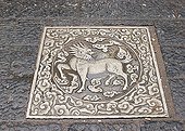Chinese Bestiare, carved flagstone Jianshui Yunnan China ; The unicorn or “Horse dragon”<br>represent the triumph of justice and good omen birth of a male child.