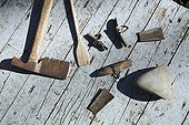 Antique tools used to collect maple water  Quebec Canada ; Locality: St Mathieu du Lac. <br>