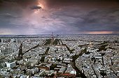 Air shot of Paris under threatening sky France ; Place : Quarter of Invalides and Eiffel tower<br>