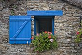 Thatched French cottage and flowers at window boxes Britanny