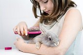 Girl brushing her rabbits in a bathroom  ; Age : 10 years