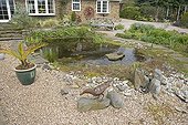 Attractive natural garden pond behind house Worcestershire
