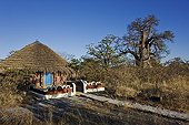 Thatched hut painted in the savanna Botswana  ; Hut painted with traditionally styled Bakalanga decorative designs.
