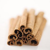 Stack of cinnamon sticks against white background