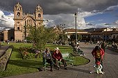 Church and garden on the central square of Cuzco Peru