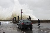 Wave over a dam during the storm Xynthia France ; Xynthia was a violent European windstorm which crossed Western Europe on 26–28 February 2010.