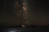 Milky Way above the Antarctic Concordia Station  ; Photo made without special effects. A simple installation of thirty seconds will highlight the Milky Way above the station. A researcher illuminated by a flashlight in the foreground helps give the scale.
