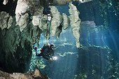 Scuba Diver in Gran Cenote Tulum Yucatan Peninsula Mexico