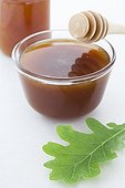 Ramekin of oak honey and oak leaf
