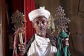 Orthodox priest during the celebration of Timkat Lalibela Ethiopia ; Feast of the Epiphany<br>Rock-Hewn Churches of Lalibela 