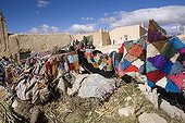 Colored wool carpets drying in a village Middle Atlas