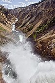 Lower Falls Grand Canyon of the Yellowstone USA ; Chasm of the Yellowstone River in layers of rhyolite become yellow as a result of the oxidation of iron and manganese contained in the volcanic rock - 