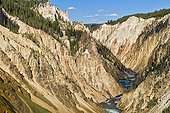Grand Canyon of the Yellowstone USA ; Chasm of the Yellowstone River in layers of rhyolite become yellow as a result of the oxidation of iron and manganese contained in the volcanic rock - 