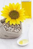 Seeds in bag Flower and Oil of Sunflower on white background