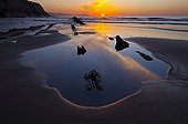 Flysch at sunset on Zumaia Beach Spain ; Flysch: geological formation composed of fragments of sandstone or shale.