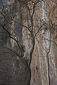 Climbing cliffs in winter Soba Valley Cantabria Spain