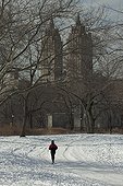 Cross country skier in Central Park in winter New York ; San Remo building in background.