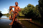 Traditional fishing of shrimps to the hawk in Madagascar ; Near a shrimp farm. Shrimp farms in Madagascar is considered the greenest in the world and supported by WWF and UNESCO.