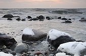 Icy rocks on the Baltic Sea coast, Jasmund National Park, Ruegen Island, Mecklenburg-Western Pomerania, Germany, Europe