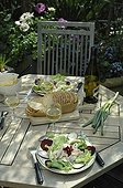 Lunch on a garden terrace at springtime ; Designer: Pierre-Alexandre RISSER<br><br>Plate of ray wing, salad, black radish and beetroot