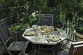 Lunch on a garden terrace at springtime ; Designer: Pierre-Alexandre RISSER<br><br>Plate of ray wing, salad, black radish and beetroot