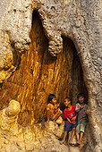Children in a trunk at Ta Phrom Temple at Angkor in Cambodia ; 