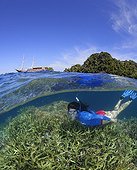 Woman snorkels over staghorn corals Indonesia ; In background the boat "Seven Seas" at anchor