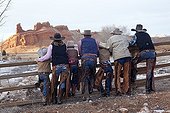 Cowboys group The Hideout Guest Ranch Wyoming USA ; Rebecca Bercher, Augustus Bercher, Tom Bercher, Ramon Castro, Irvin Flora, Brayan Castro, Semus Bercher