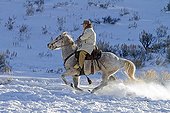 Cowboy in the snow The Hideout Guest Ranch Wyoming USA ; Tom Bercher