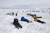 Emperor Penguin (Aptenodytes forsteri) adults and chicks, colony being photographed by tourists, Snow Hill Island, Weddell Sea, Antarctica, november