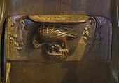 Misericord depicting 'pelican in her piety', in Medieval Europe pelicans were often depicted giving blood to young as attentive behaviour in times of hardship, Church of St. Peter and St. Paul, Lavenham, Suffolk, England