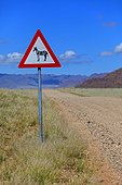 Sign indicating the presence of Namibia Mountain Zebra ; track bordering the reserve NamibRand 