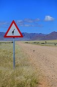 Sign indicating the presence of Namibia Giraffe ; track bordering the reserve NamibRand 
