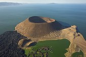 Aerial view of Nabuyatom Crater South of Lake Turkana Kenya ; It is the world’s largest desert lake and the world’s largest alkaline lake. Rocks in the surrounding area are predominantly volcanic.