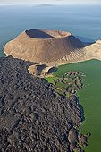 Aerial view of Nabuyatom Crater South of Lake Turkana Kenya ; It is the world’s largest desert lake and the world’s largest alkaline lake. Rocks in the surrounding area are predominantly volcanic.