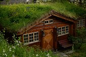 Wooden house with green roof Norway 