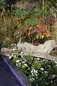 Teak root bench on the side of a garden pound ; Landscaper: Pierre-Alexandre RISSER
