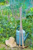 Watering, straw hat and gardening tools garden - France