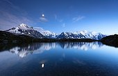 Chéserys lake and the Mont-Blanc - France Alps  ; Mont Blanc, Chamonix needles, Grandes Jorasses, the Dru, Aiguille Verte ... 