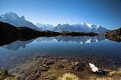 Chéserys lake and the Mont-Blanc - France Alps  ; Mont Blanc, Chamonix needles, Grandes Jorasses, the Dru, Aiguille Verte ... 