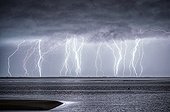 Storm over the Atlantic Ocean in autumn - France  ; The average intensities of lightning strikes reached 80 000 amperes according Météorage.<br><br>Overlay 10 photos 30 seconds equivalent to a period of 5 minutes.