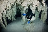 Scuba diver exploring Gran Cenote - Yucatan Mexico ; scuba diver follows a line marking the route through caverns and tunnels accessed from the surface via a cenote in the jungle