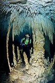 Scuba Diver in the Zapote Dreamgate - Yucatan Mexico ; Scuba diver explores a freshwater-filled cavern accessible via a cenote (a sinkhole) in the jungle. This underground chamber is richly decorated with beautiful stalactites, stalagmites and columns, delicate limestone formations called speleothems created over millions of years