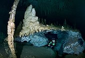 Scuba Diver in the Zapote Dreamgate - Yucatan Mexico ; Scuba diver explores a freshwater-filled cavern accessible via a cenote (a sinkhole) in the jungle. This underground chamber is richly decorated with beautiful stalactites, stalagmites and columns, delicate limestone formations called speleothems created over millions of years